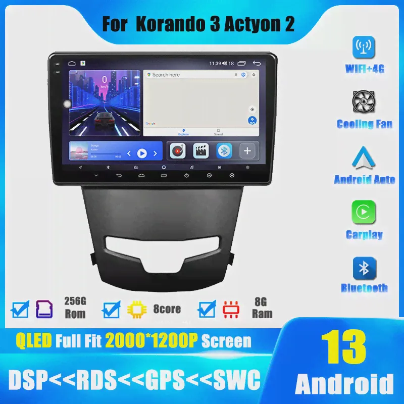 9 Дюймов Android 13 Для SsangYong Korando 3 Actyon 2 2013-2017 CARPLAY Автомагнитола Авто GPS Навигация Мультимедиа WIFI 2 DIN DVD